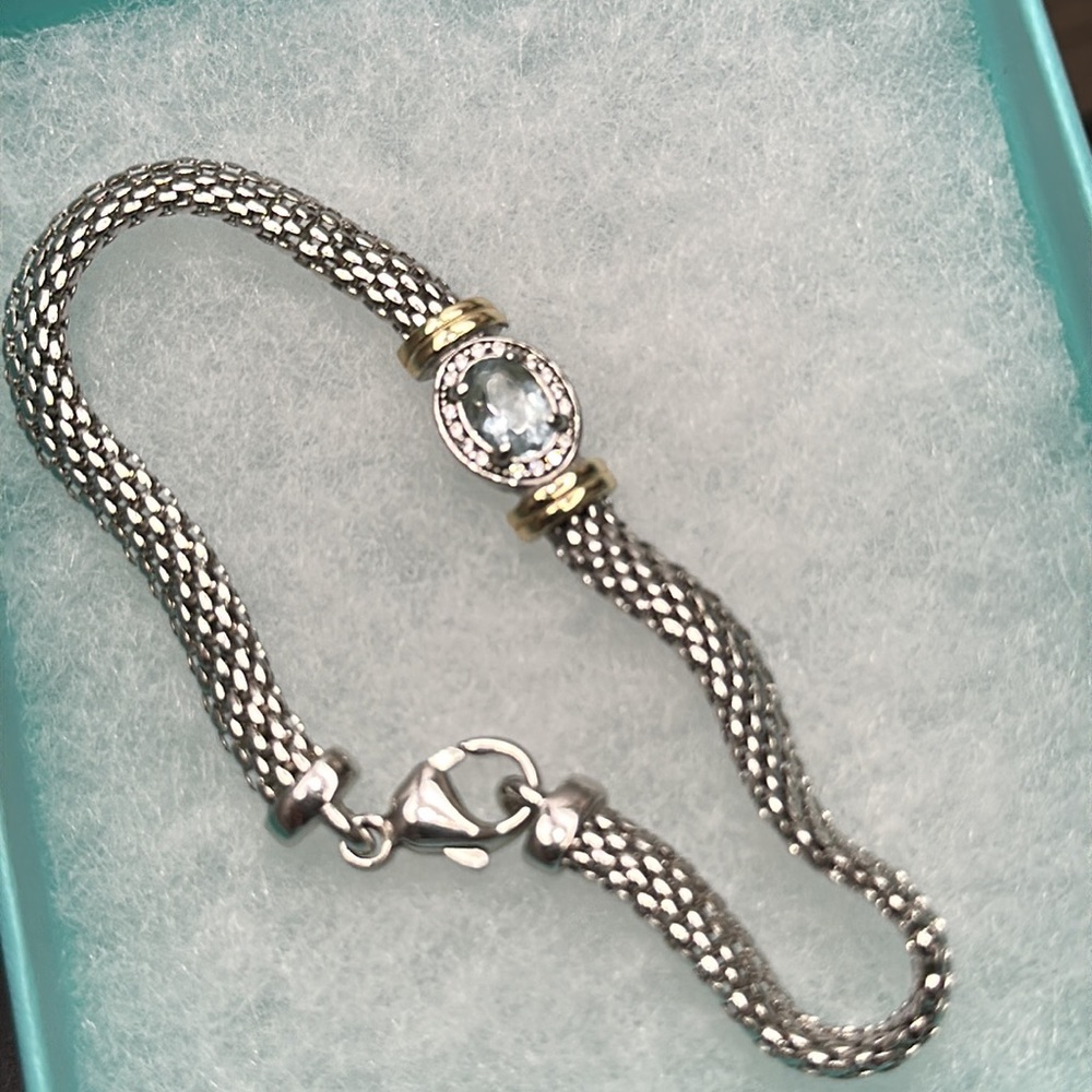 Gold & Silver Stamped 925 Bracelet w aquamarine Center Stone and CZ